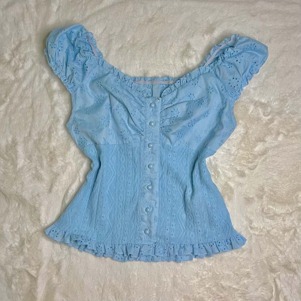 SHEIN Sweetheart Neck Embroidered Button-Front Blouse with Ruffle Trim